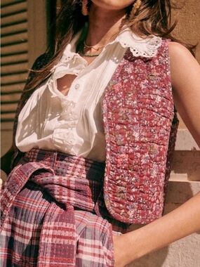 Sézane Floral Quilted Vest in Rose Pink